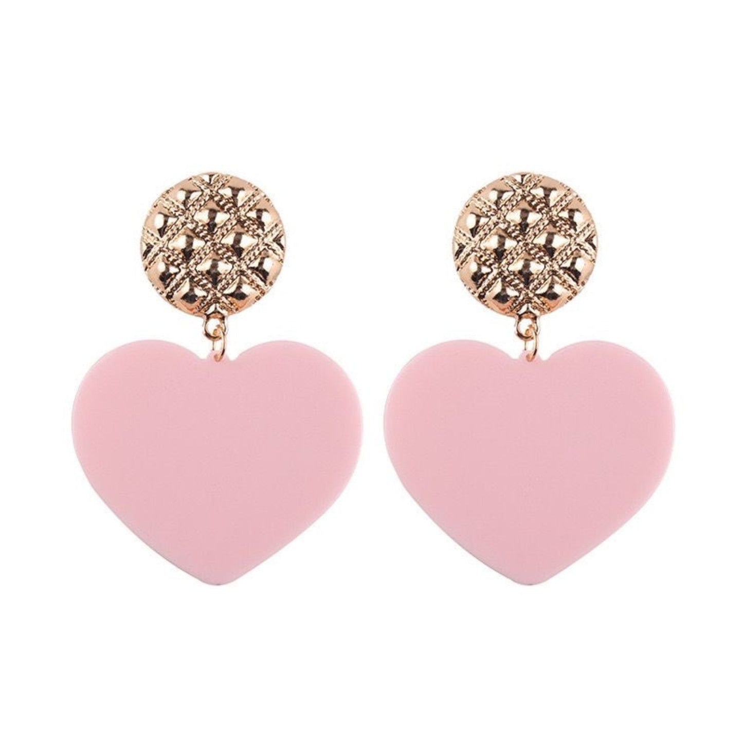 Bold Heart Acrylic Drop Earrings in vibrant Baby Pink with a gold-tone stud, perfect for making a playful statement.