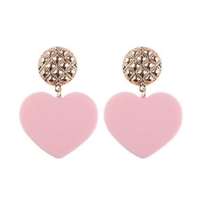 Bold Heart Acrylic Drop Earrings in vibrant Baby Pink with a gold-tone stud, perfect for making a playful statement.
