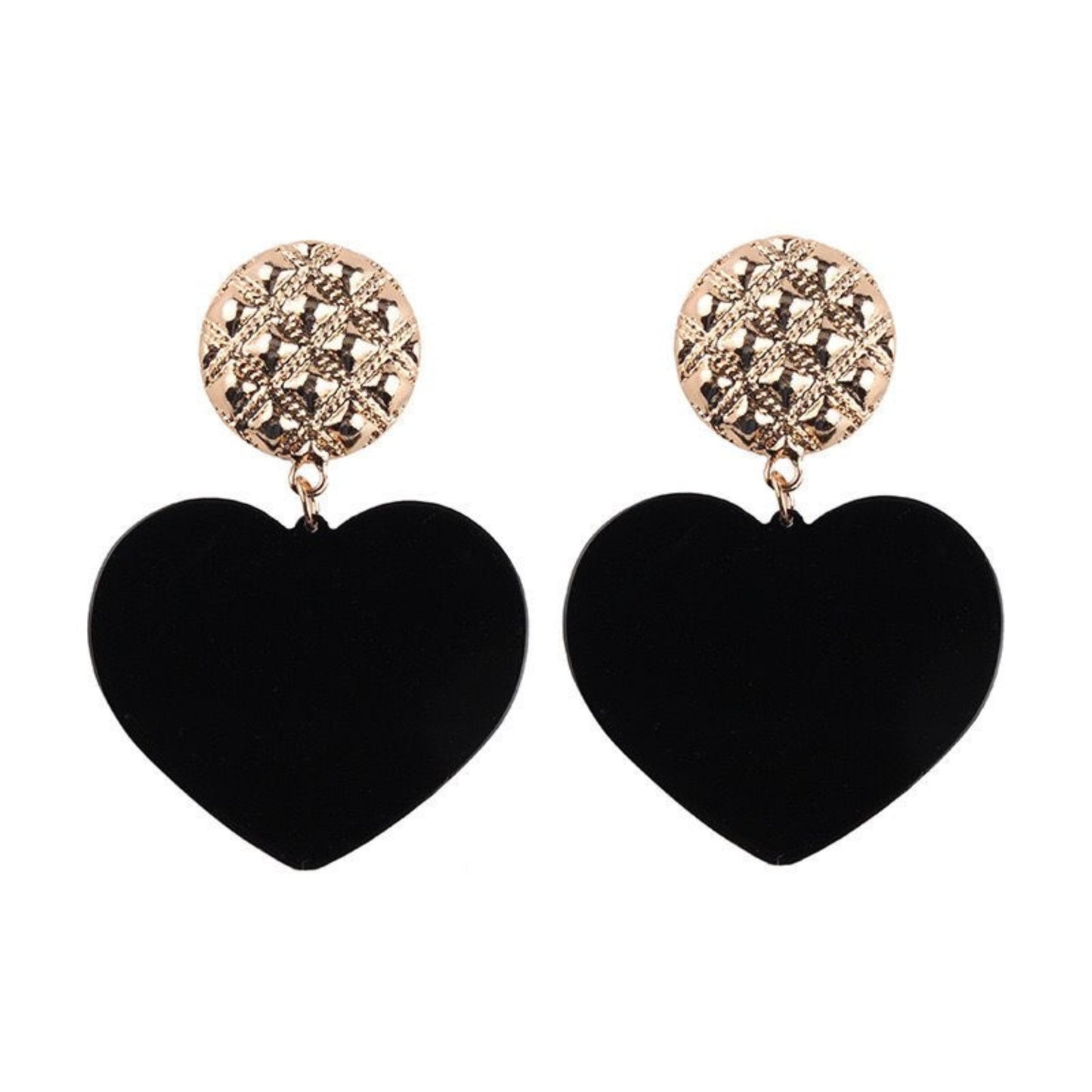 Bold Heart Acrylic Drop Earrings in Black with a gold-tone stud, perfect for making a playful statement.