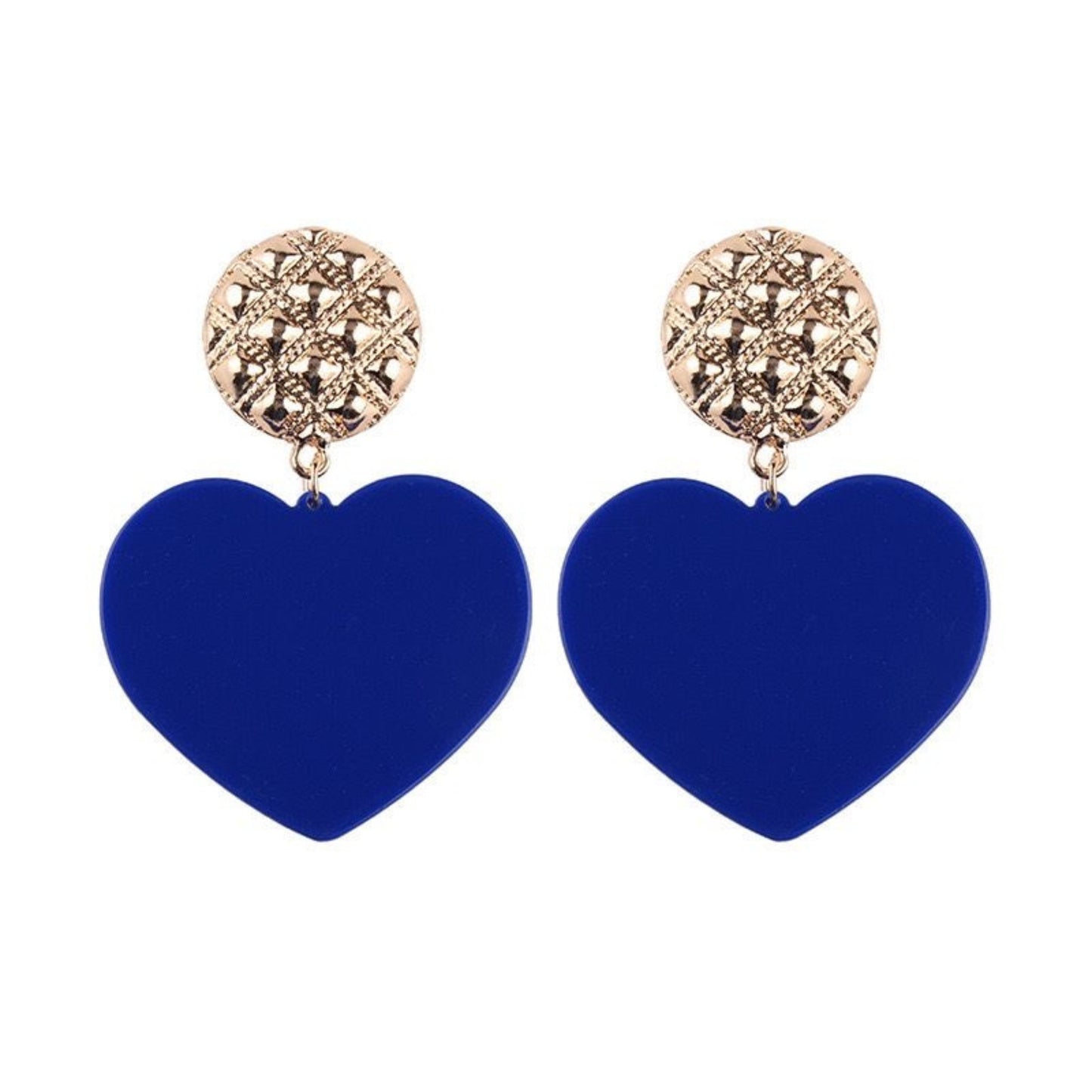 Bold Heart Acrylic Drop Earrings in vibrant Blue with a gold-tone stud, perfect for making a playful statement.