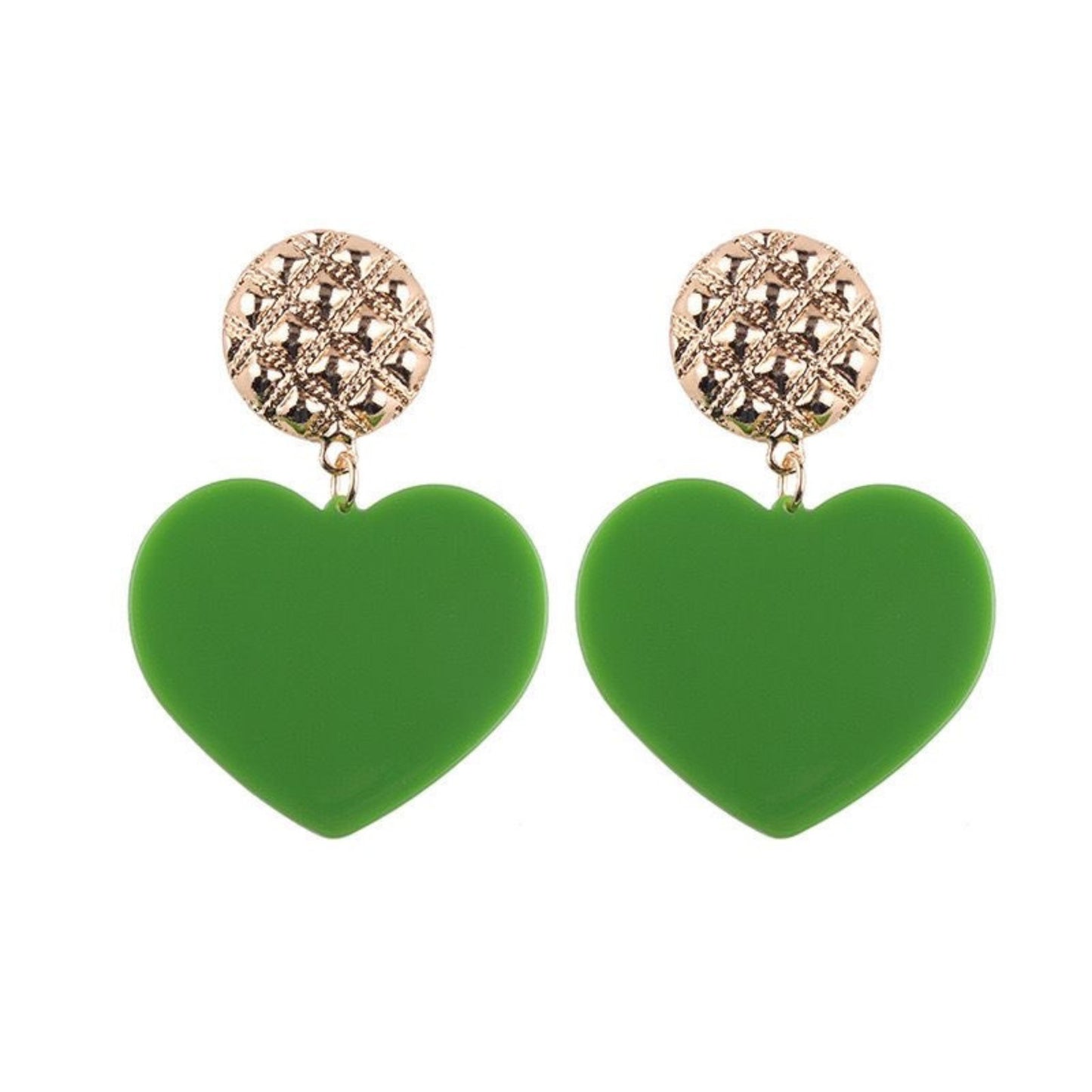 Bold Heart Acrylic Drop Earrings in vibrant Green with a gold-tone stud, perfect for making a playful statement.