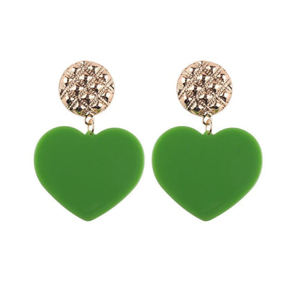 Bold Heart Acrylic Drop Earrings in vibrant Green with a gold-tone stud, perfect for making a playful statement.