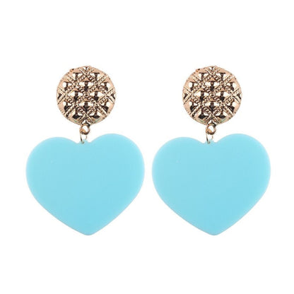Bold Heart Acrylic Drop Earrings in vibrant Light Blue with a gold-tone stud, perfect for making a playful statement.
