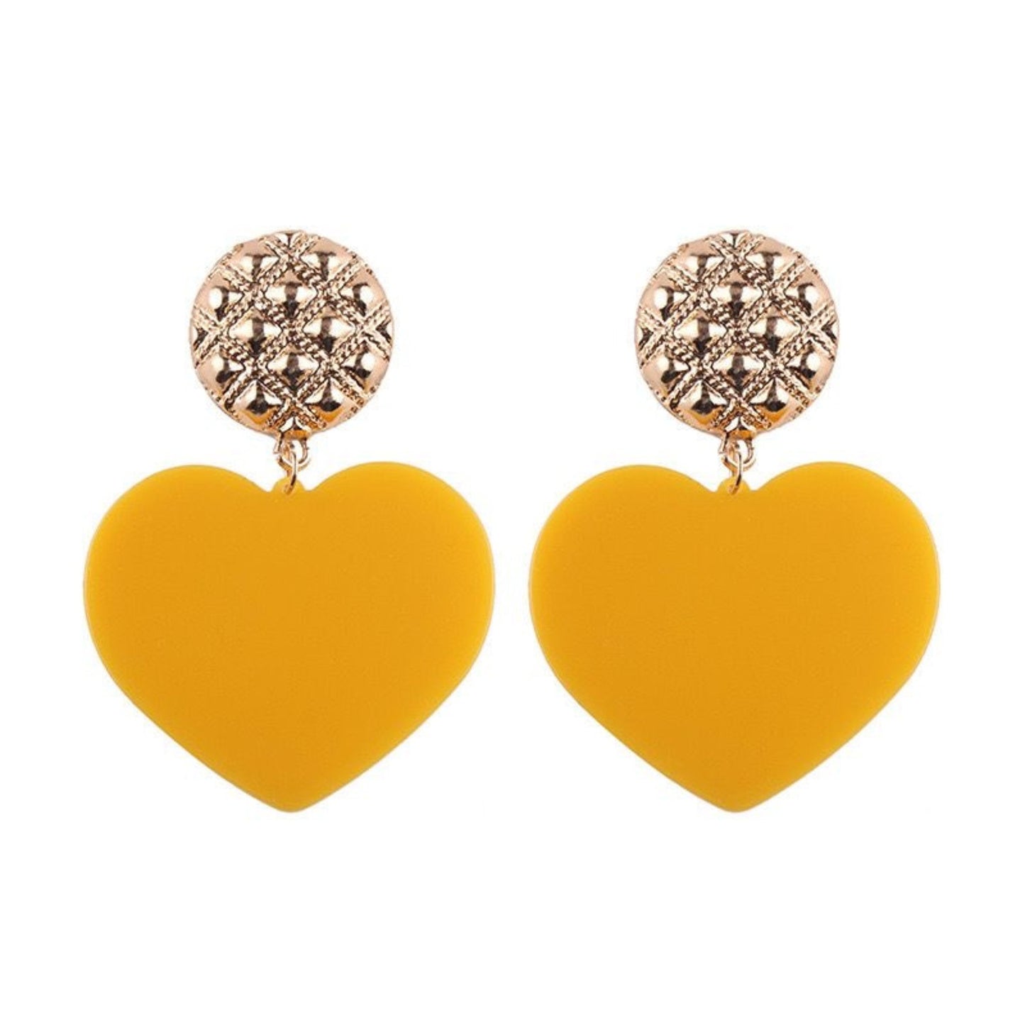 Bold Heart Acrylic Drop Earrings in vibrant Orange with a gold-tone stud, perfect for making a playful statement.