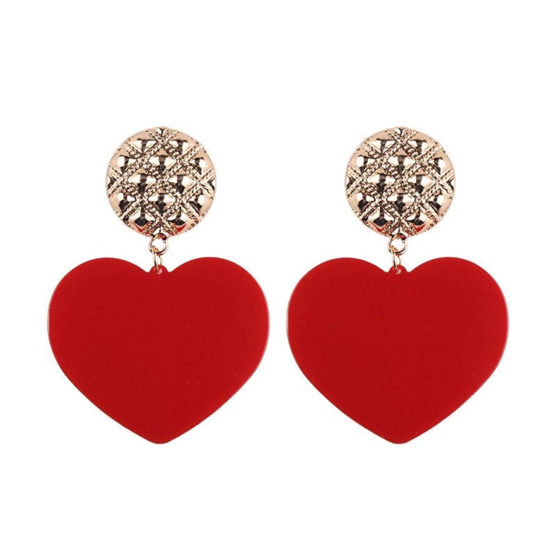 Bold Heart Acrylic Drop Earrings in vibrant red with a gold-tone stud, perfect for making a playful statement.