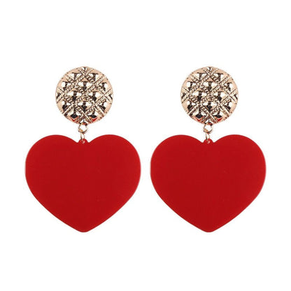 Bold Heart Acrylic Drop Earrings in vibrant red with a gold-tone stud, perfect for making a playful statement.