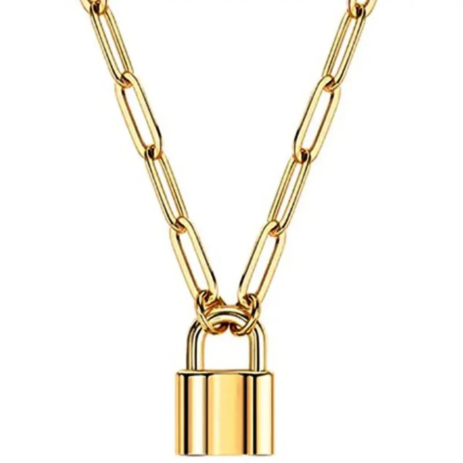 Close-up of Lock Pendant Necklace showcasing bold lock detail and durable 18K gold-plated stainless steel chain.