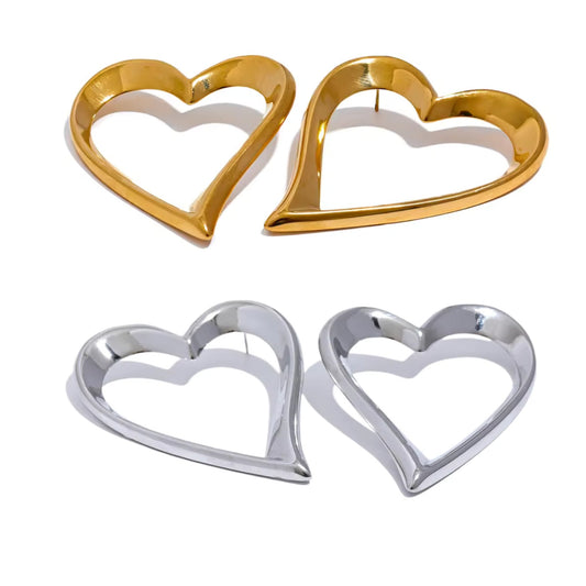 Bold Open-Heart Statement Earrings in 18K gold-plated and silver-plated stainless steel, featuring a sleek, modern heart-shaped design.