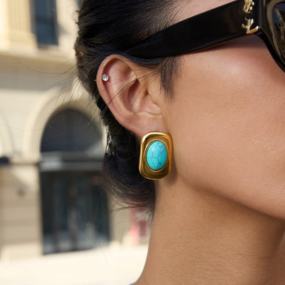 Bold Turquoise Oval Stud Earrings – 18K Gold Plated Stainless Steel