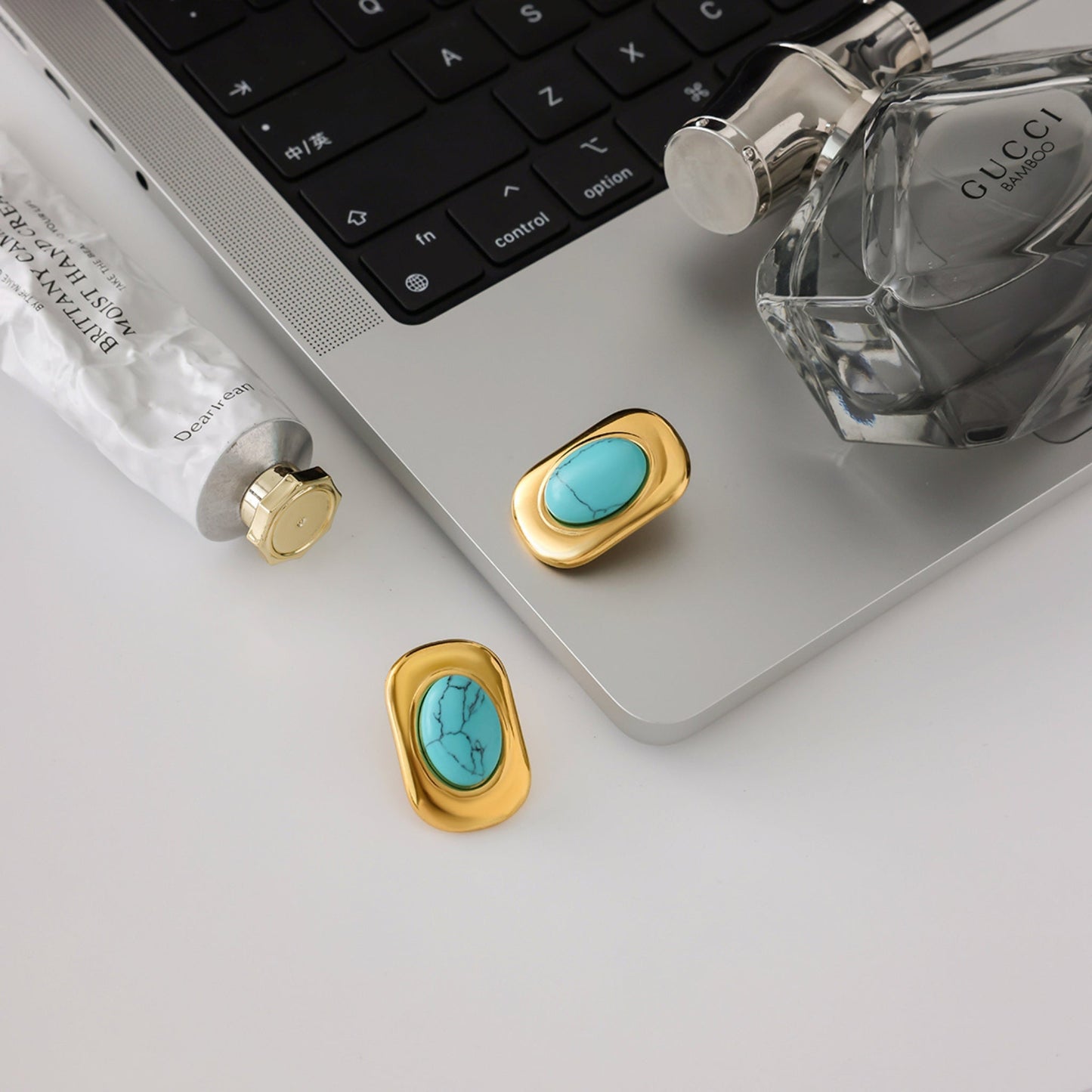 Bold Turquoise Oval Stud Earrings – 18K Gold Plated Stainless Steel