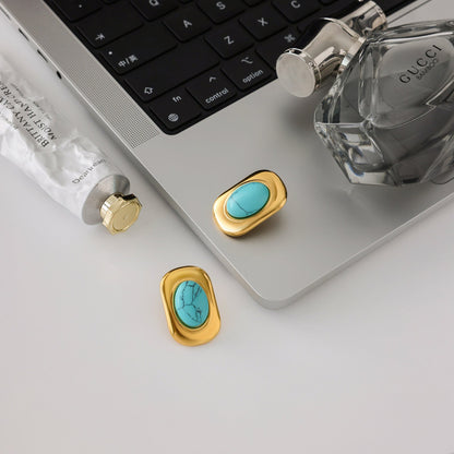 Bold Turquoise Oval Stud Earrings – 18K Gold Plated Stainless Steel