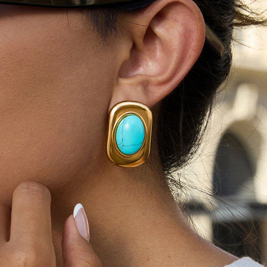 Bold Turquoise Oval Stud Earrings – 18K Gold Plated Stainless Steel