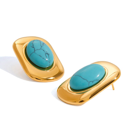 Bold Turquoise Oval Stud Earrings – 18K Gold Plated Stainless Steel