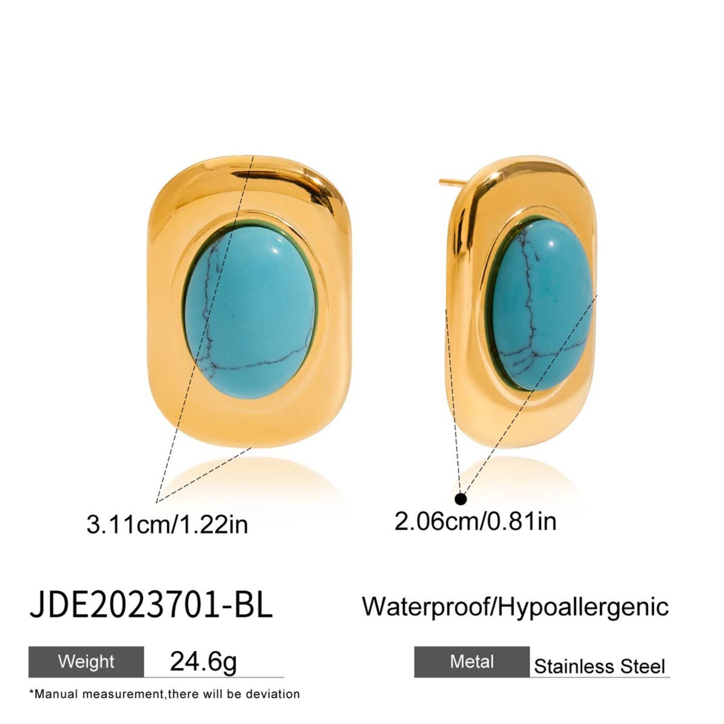 Bold Turquoise Oval Stud Earrings – 18K Gold Plated Stainless Steel