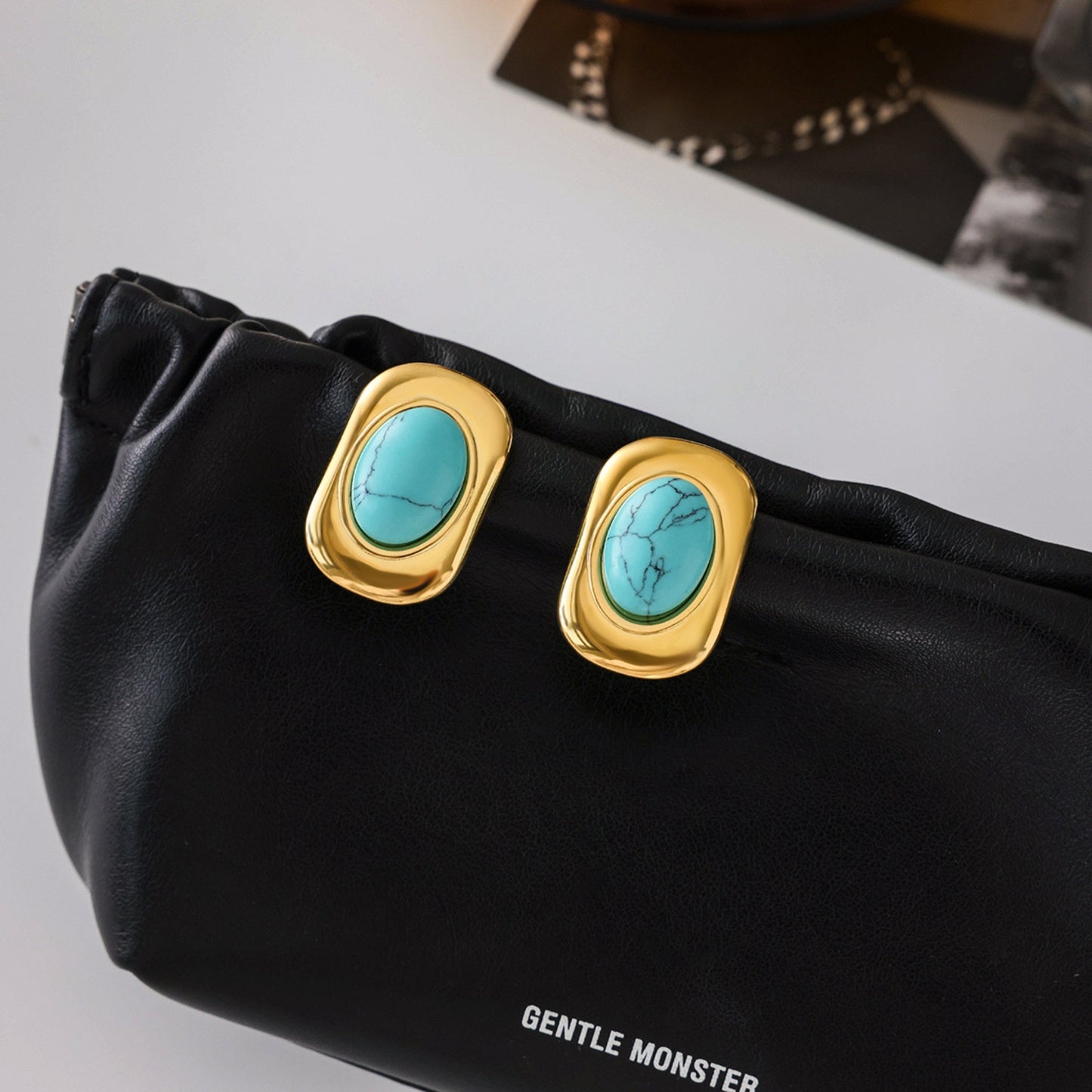 Bold Turquoise Oval Stud Earrings – 18K Gold Plated Stainless Steel