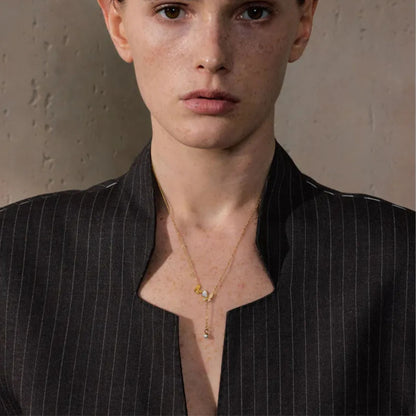 Gold-Plated Butterfly Necklace with Pearl Drop Worn by Model