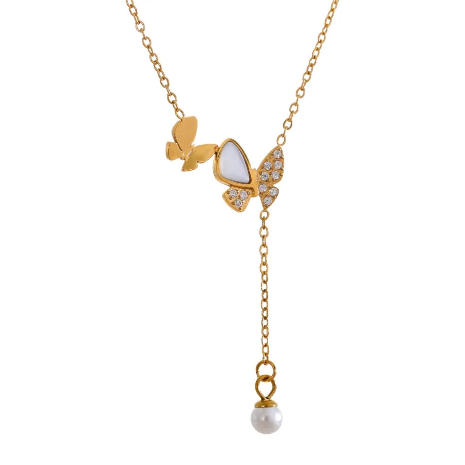 Butterfly Drop Necklace with Natural Shell and Pearl on White Background