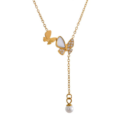 Butterfly Drop Necklace with Natural Shell and Pearl on White Background