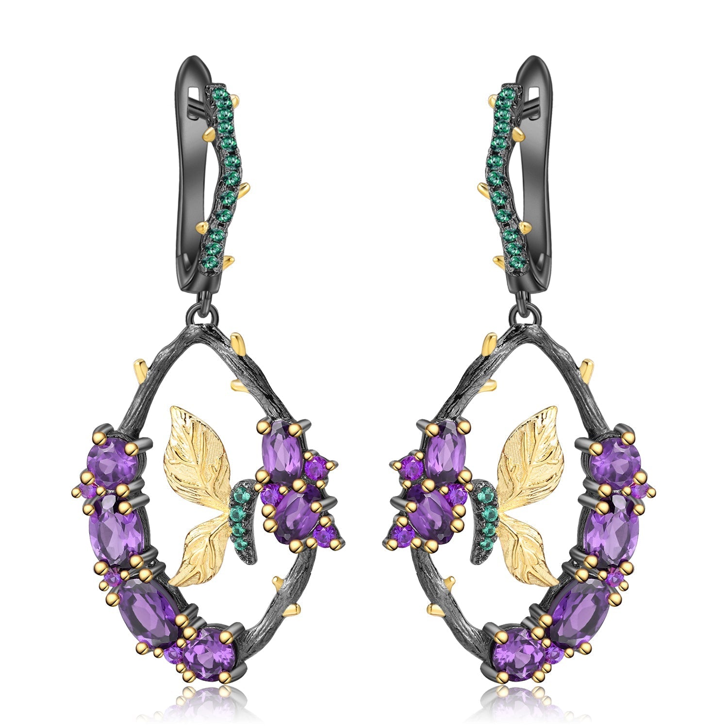 Amethyst and Emerald Sterling Silver Earrings featuring a branch motif with natural amethyst and nano emerald stones, crafted in 925 sterling silver with black gun and gold plating.