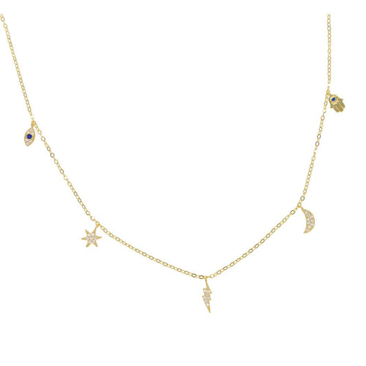 Celestial Charm Necklace crafted from 18K gold-plated 925 sterling silver, featuring star, eye, moon, hand, and thunderbolt