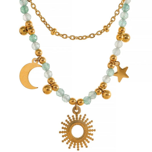 Celestial Harmony Charm Necklace crafted from 18K gold-plated stainless steel, featuring crescent moon, star, and sun charms with faceted beads.