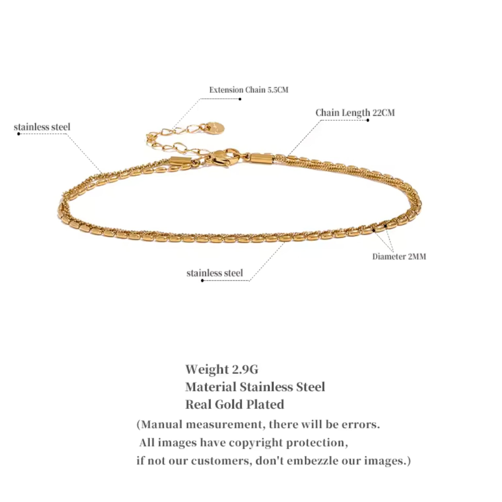 Detail of the Classic Gold-Plated Rope Chain Anklet featuring a 22 cm chain and 5.5 cm extension for a customizable fit.