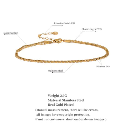 Detail of the Classic Gold-Plated Rope Chain Anklet featuring a 22 cm chain and 5.5 cm extension for a customizable fit.
