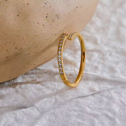 Detail of the open-cuff design on the Classic Open-Cuff Crystal Ring, offering a modern and versatile twist.