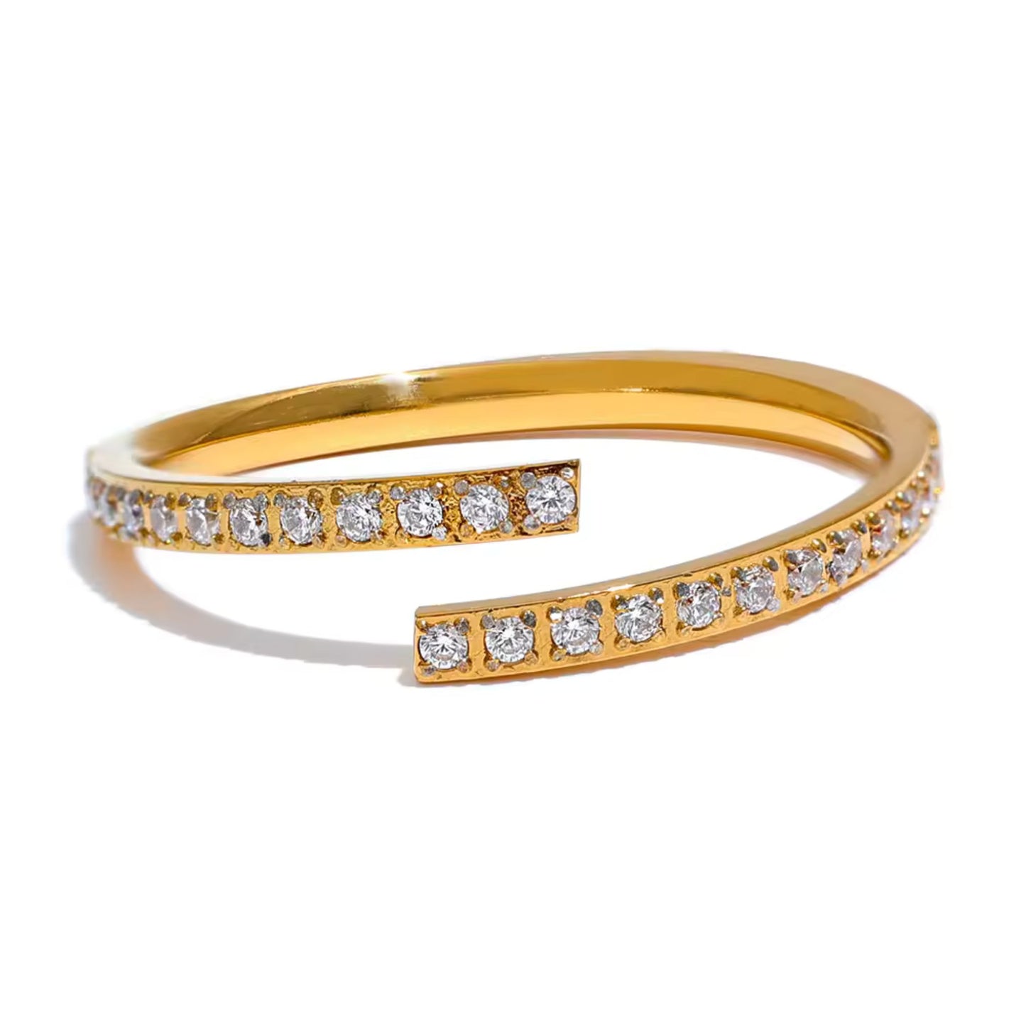 Classic Open-Cuff Crystal Ring in gold-plated stainless steel, featuring a modern open design and a row of sparkling clear crystals.