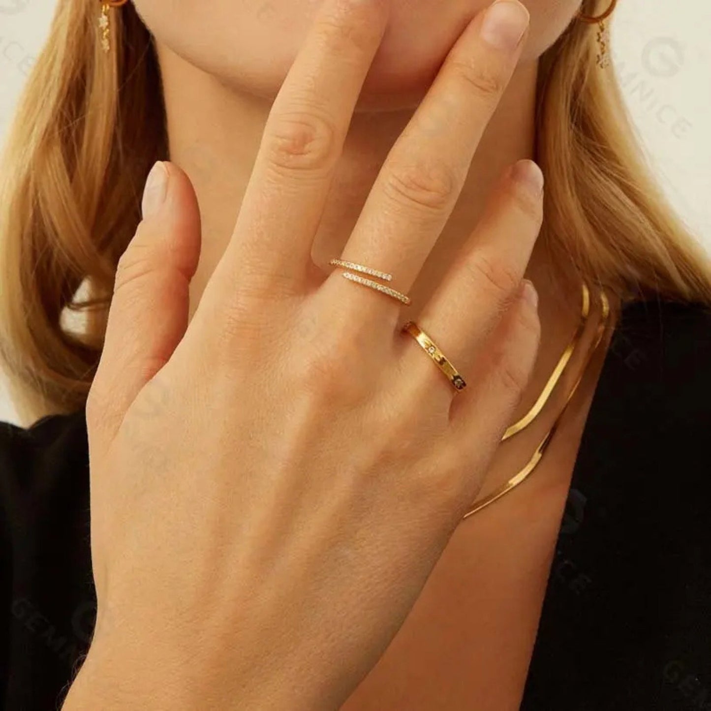 Classic Open-Cuff Crystal Ring styled on a hand, showcasing its minimalist yet sophisticated open-cuff design.