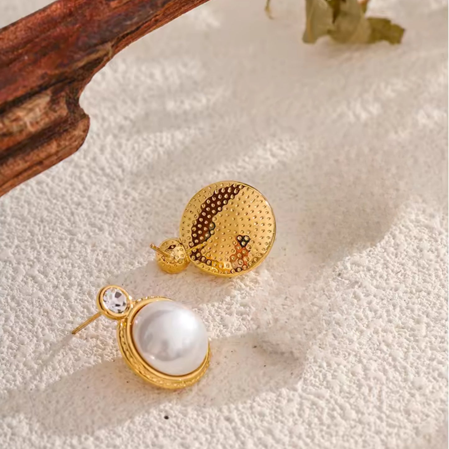 Back view of the Classic Pearl & Zircon Stud Earrings, showing the intricate gold-plated frame and durable stainless steel construction.