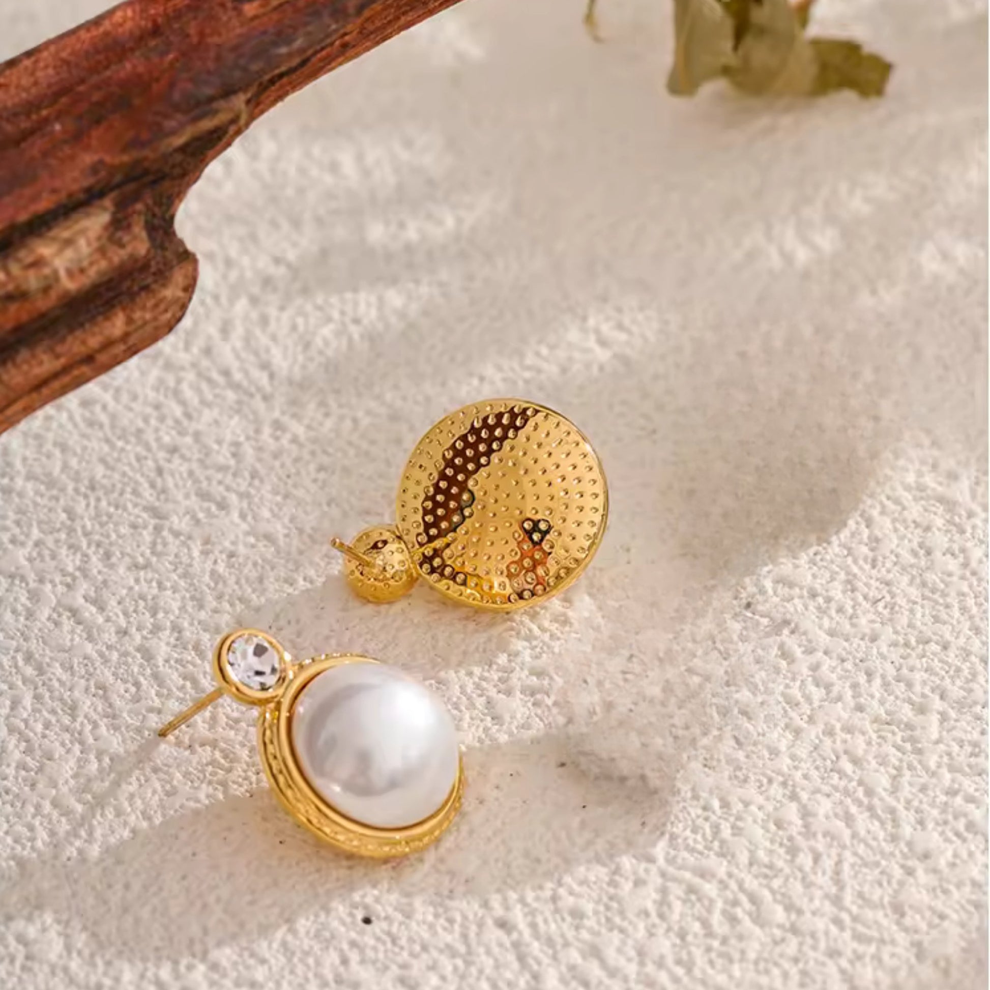 Back view of the Classic Pearl & Zircon Stud Earrings, showing the intricate gold-plated frame and durable stainless steel construction.