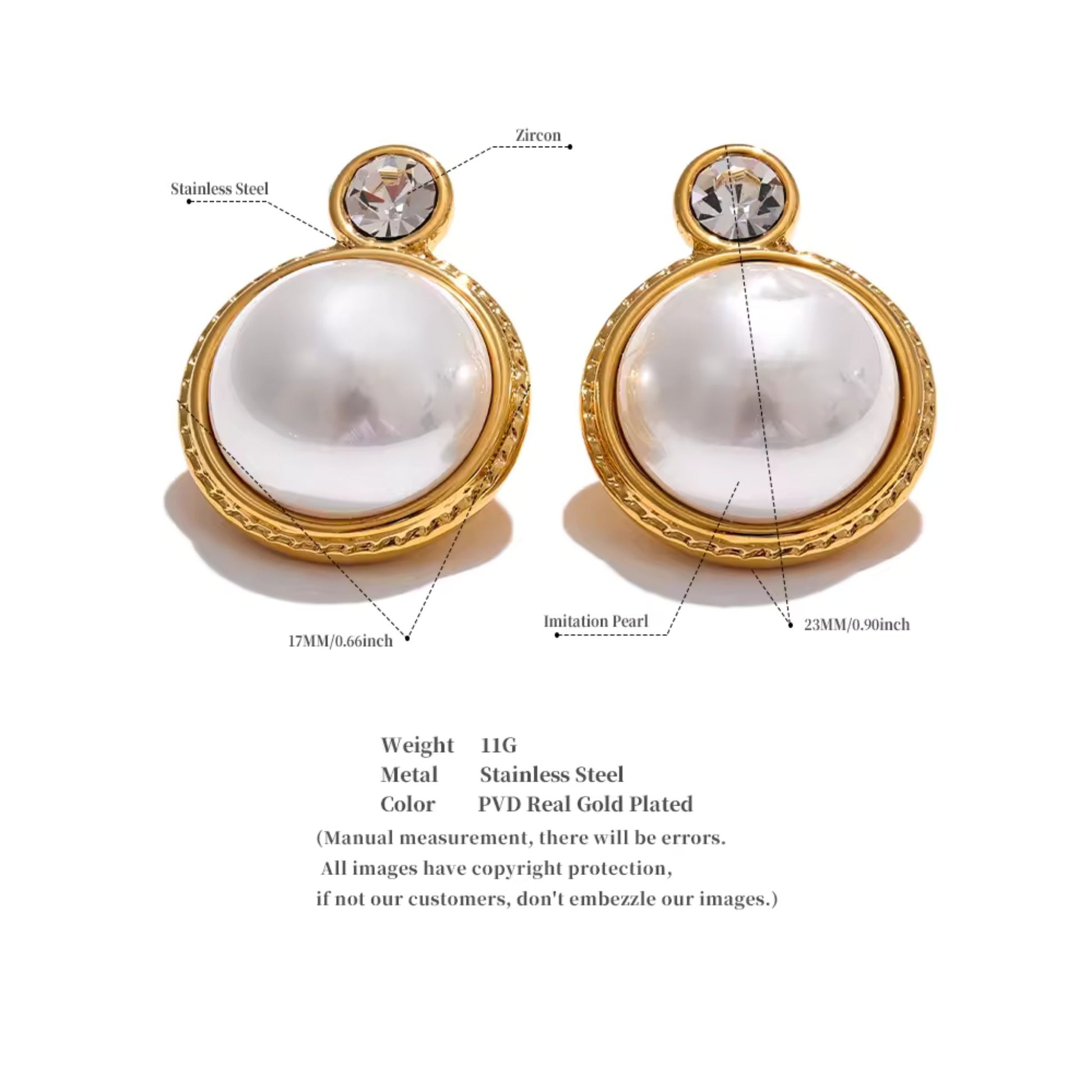 Classic Pearl & Zircon Stud Earrings with a pearl size of 17mm and a total diameter of 23mm, offering a bold yet refined look.