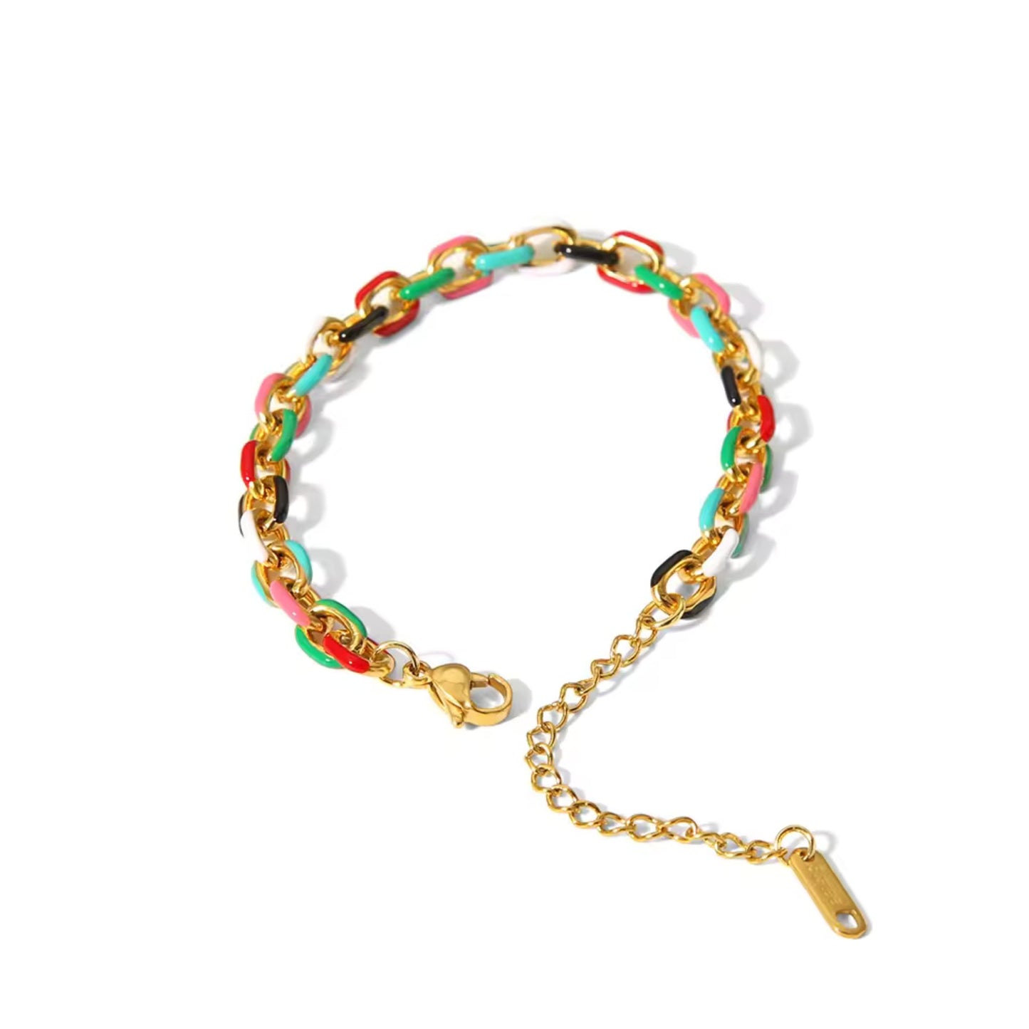 Color Splash Enamel Cuban Chain Bracelet, highlighting its playful and vibrant design.