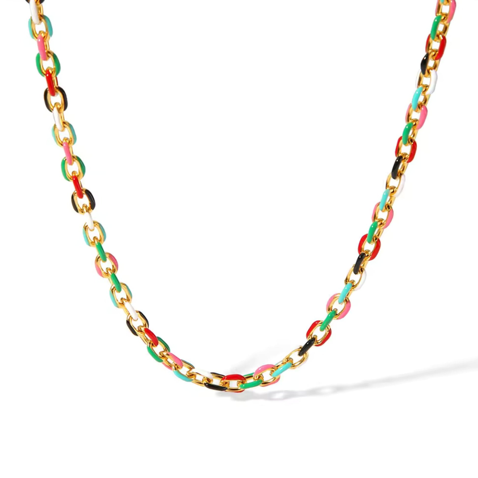 Color Splash Enamel Cuban Chain Necklace, showcasing its bold multicolor design and luxurious gold finish.