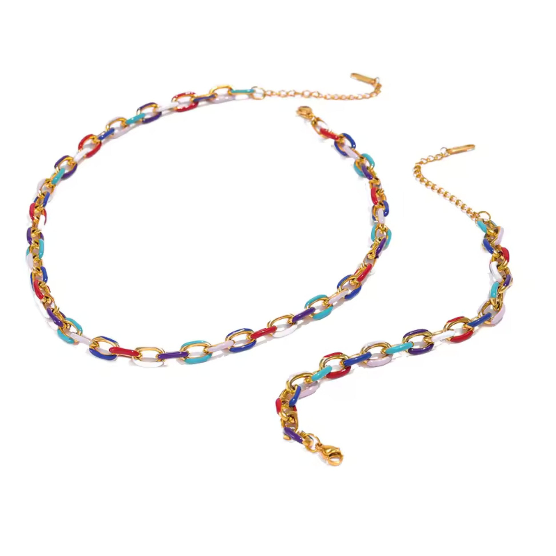 Color Splash Enamel Cuban Chain Set with gold-plated stainless steel necklace and bracelet, featuring vibrant multicolor enamel drip accents.