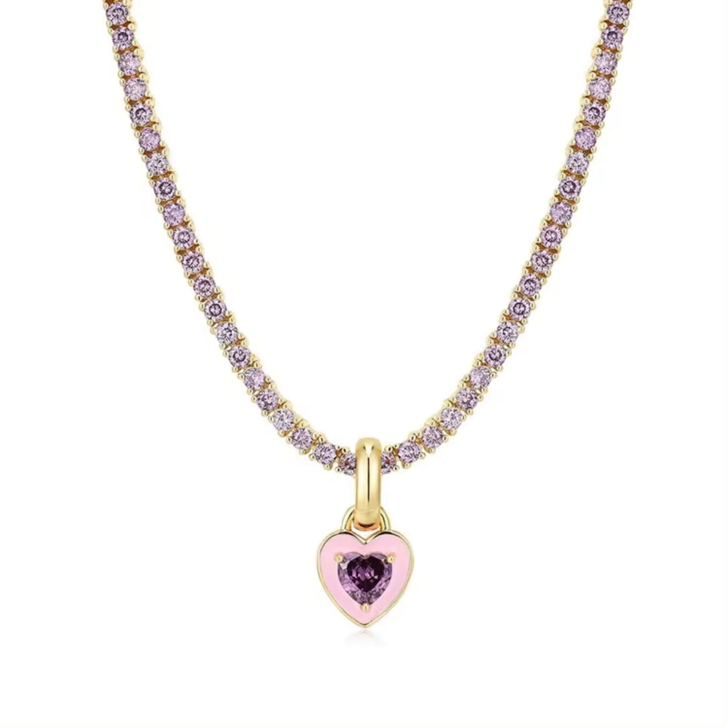Close-up of the purple zircon stones on the pink Heart Zircon Tennis Necklace, enhancing its sparkle and vibrant appeal.