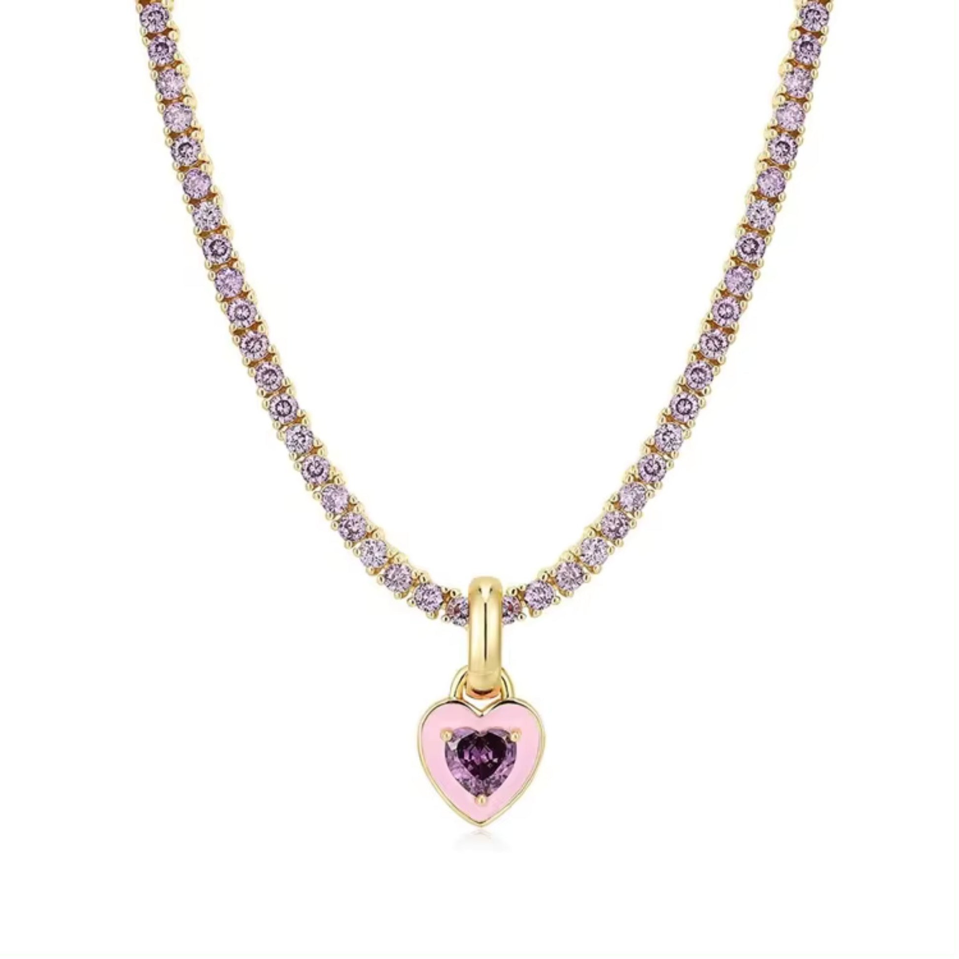 Close-up of the purple zircon stones on the pink Heart Zircon Tennis Necklace, enhancing its sparkle and vibrant appeal.