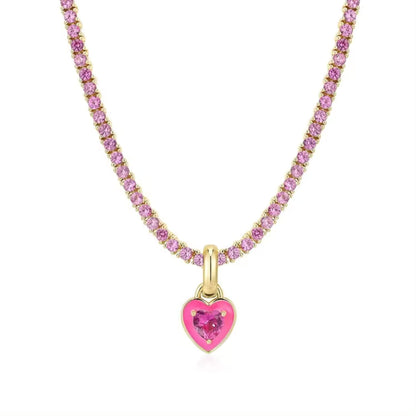 Close-up of the pink zircon stones on the pink Heart Zircon Tennis Necklace, enhancing its sparkle and vibrant appeal.