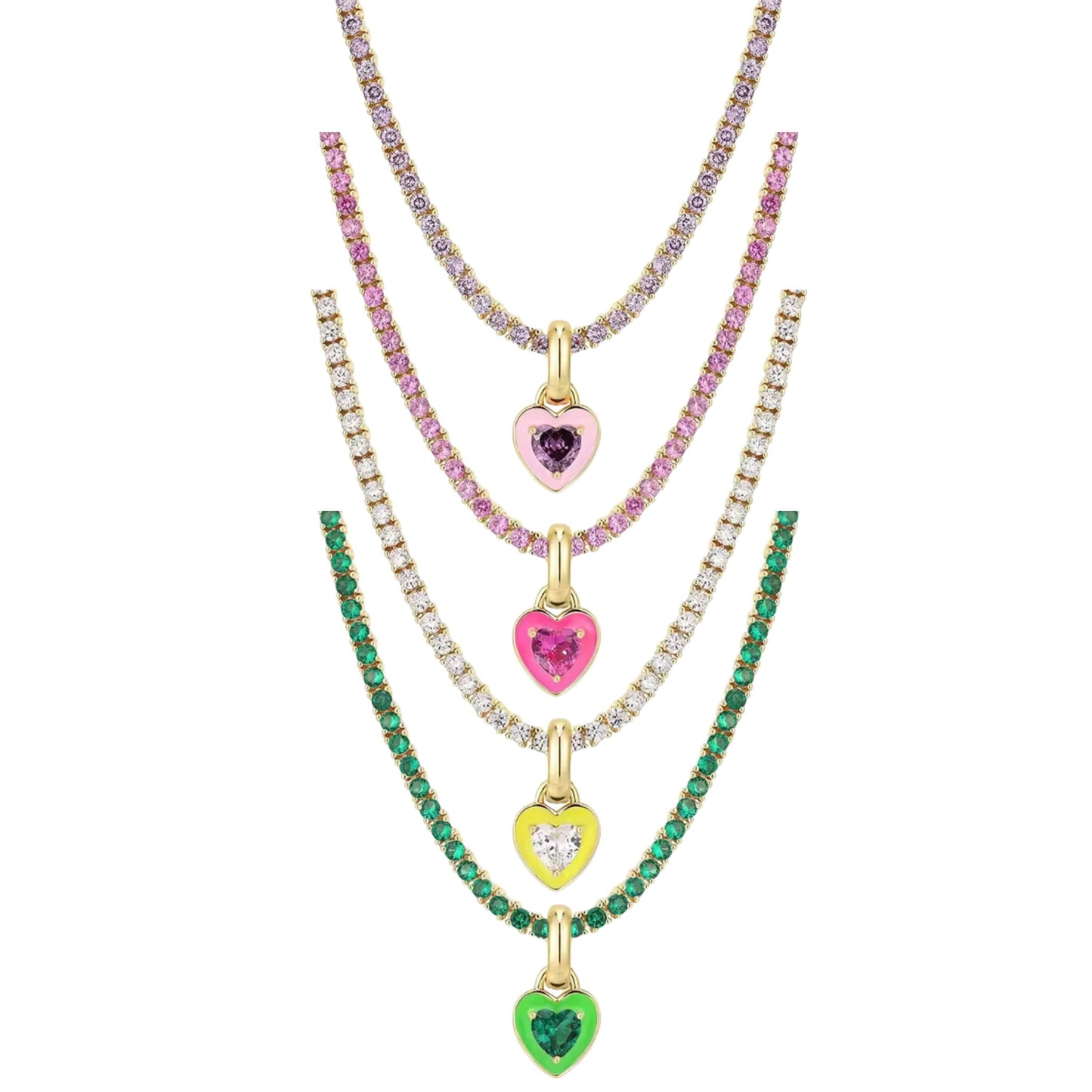 Colorful Heart Zircon Tennis Necklace with gold-tone finish, colorful zircon stones, and a heart-shaped pendant.
