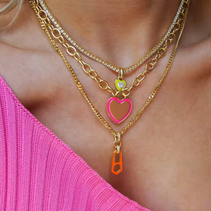 Colorful Heart Zircon Tennis Necklace styled on a model, showcasing its elegant choker-style fit and colorful design.