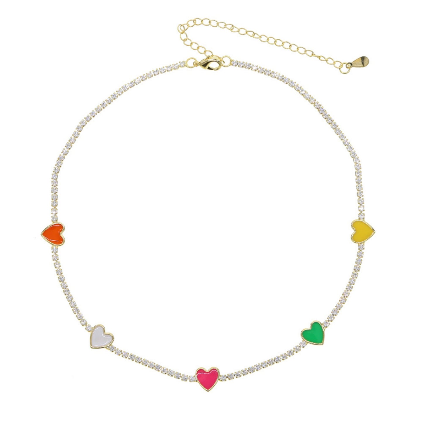 Colorful Hearts Choker Necklace with gold-plated brass chain, sparkling white zircons, and four vibrant heart-shaped charms.