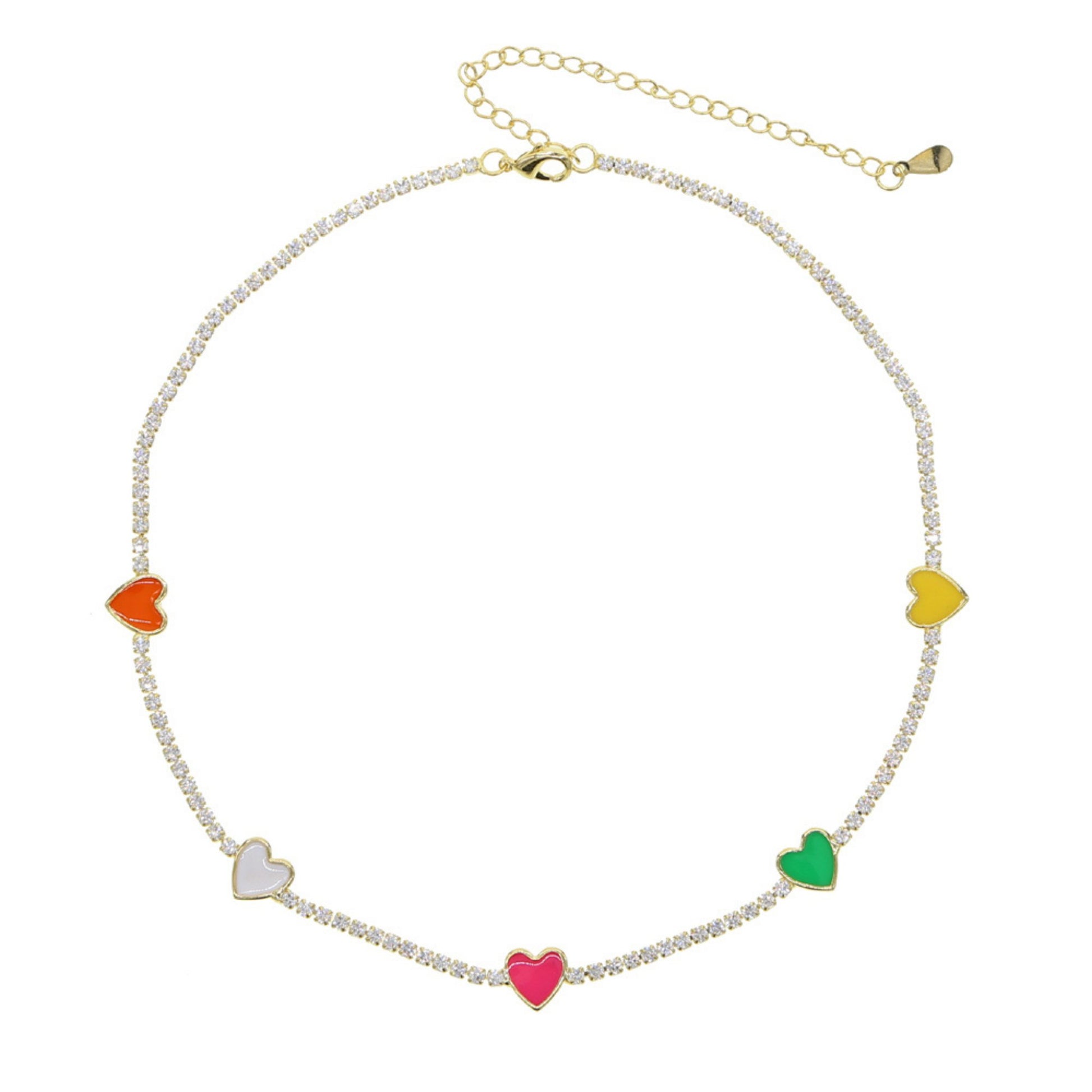 Colorful Hearts Choker Necklace with gold-plated brass chain, sparkling white zircons, and four vibrant heart-shaped charms.