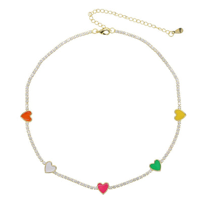 Colorful Hearts Choker Necklace with gold-plated brass chain, sparkling white zircons, and four vibrant heart-shaped charms.
