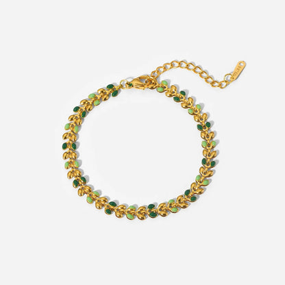 Colorful Leaf Drop Bracelet featuring 18K gold-plated stainless steel with vibrant oil drop accents