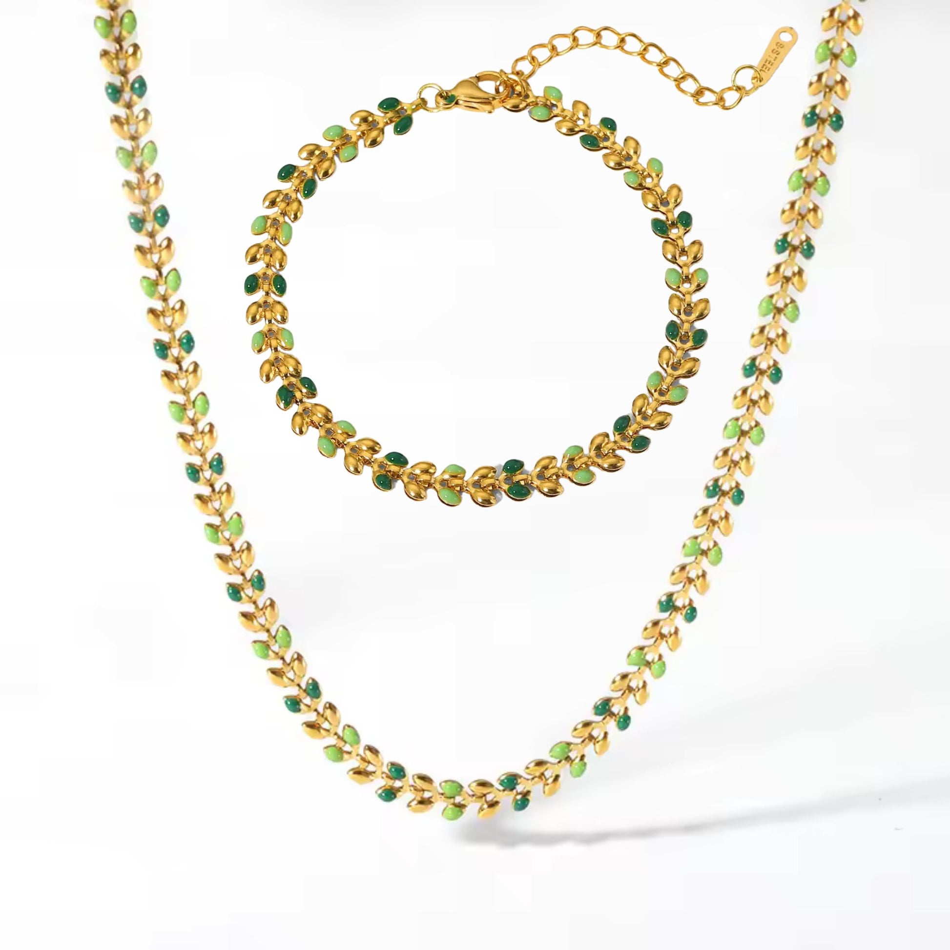 Colorful Leaf Drop Necklace & Bracelet Set featuring 18K gold-plated stainless steel with vibrant oil drop accents.
