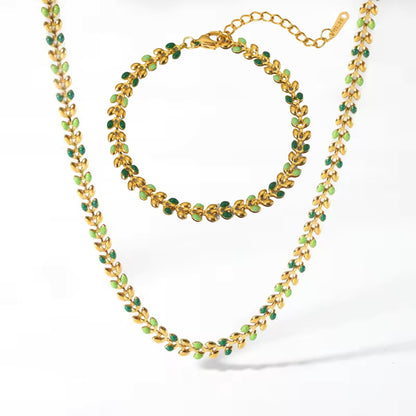 Colorful Leaf Drop Necklace & Bracelet Set featuring 18K gold-plated stainless steel with vibrant oil drop accents.