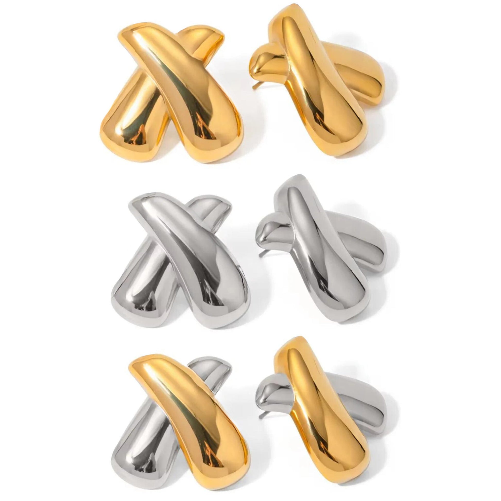 Crossed Elegance Dual-Tone Earrings in Gold, Silver, and Mixed Gold & Silver tones with a sleek, polished finish.