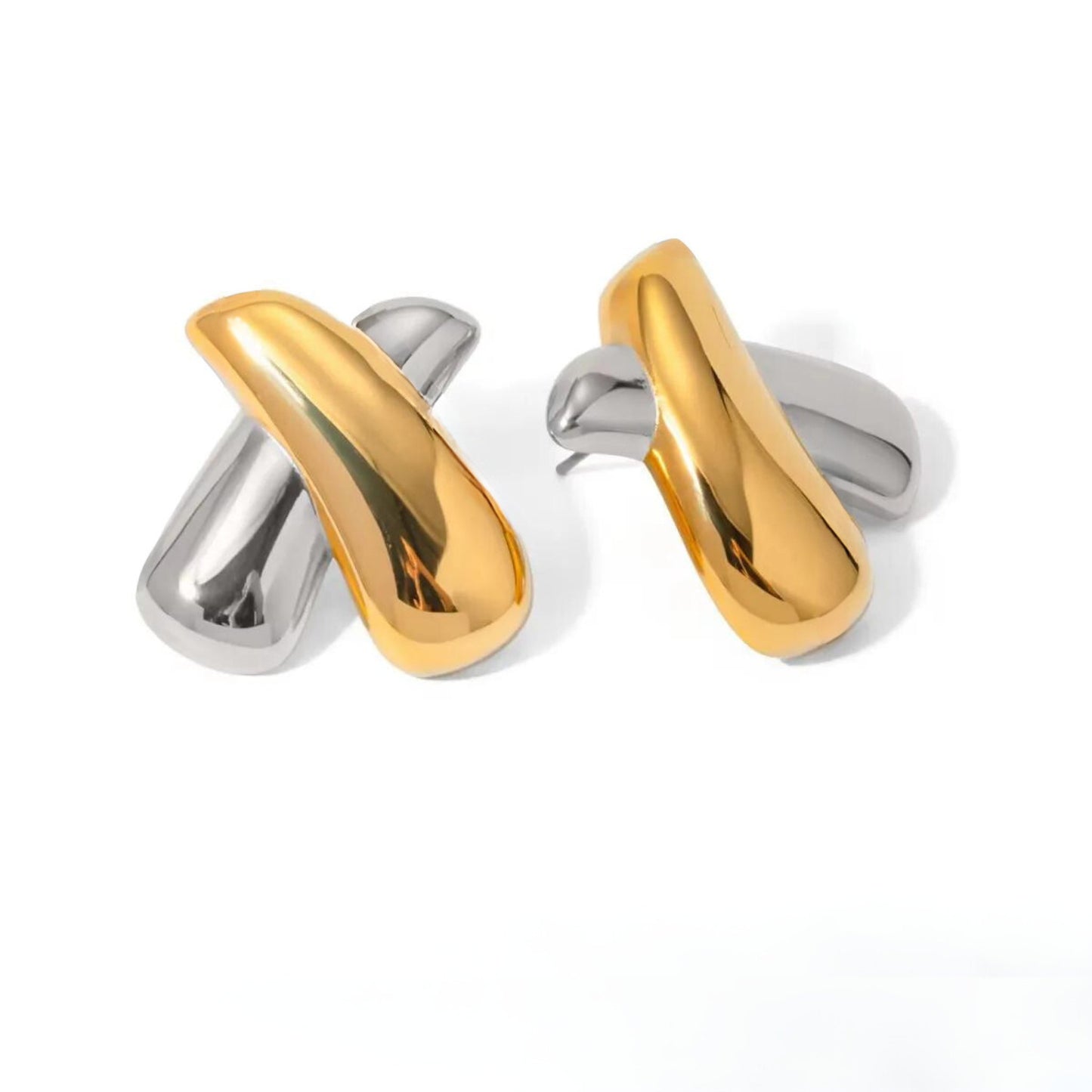 Close-up of the high-polished Crossed Elegance Earring in dual tone, showcasing its fluid and modern design.