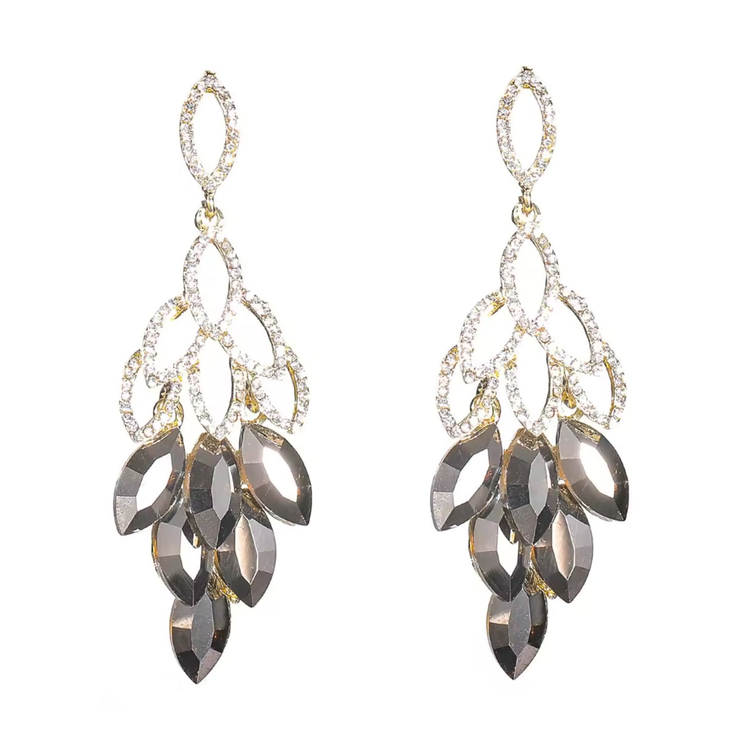 Crystal Cascade Drop Earrings with faceted crystals and cubic zirconia on an 18K gold-plated alloy base.